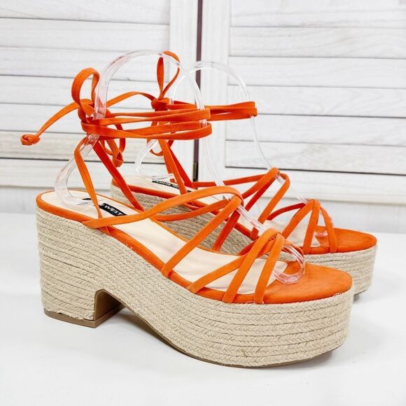 Nine West Riplee Platform Espadrille Ankle Wrap Strappy Sandals Orange 8.5 - Picture 1 of 12